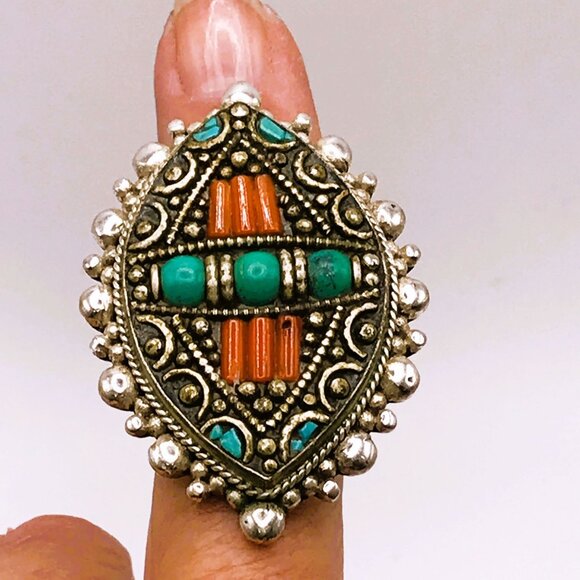 Tibetan Silver Coral Turquoise Ring Old Large Afghan Nepal Filigree Vintage - Picture 3 of 6